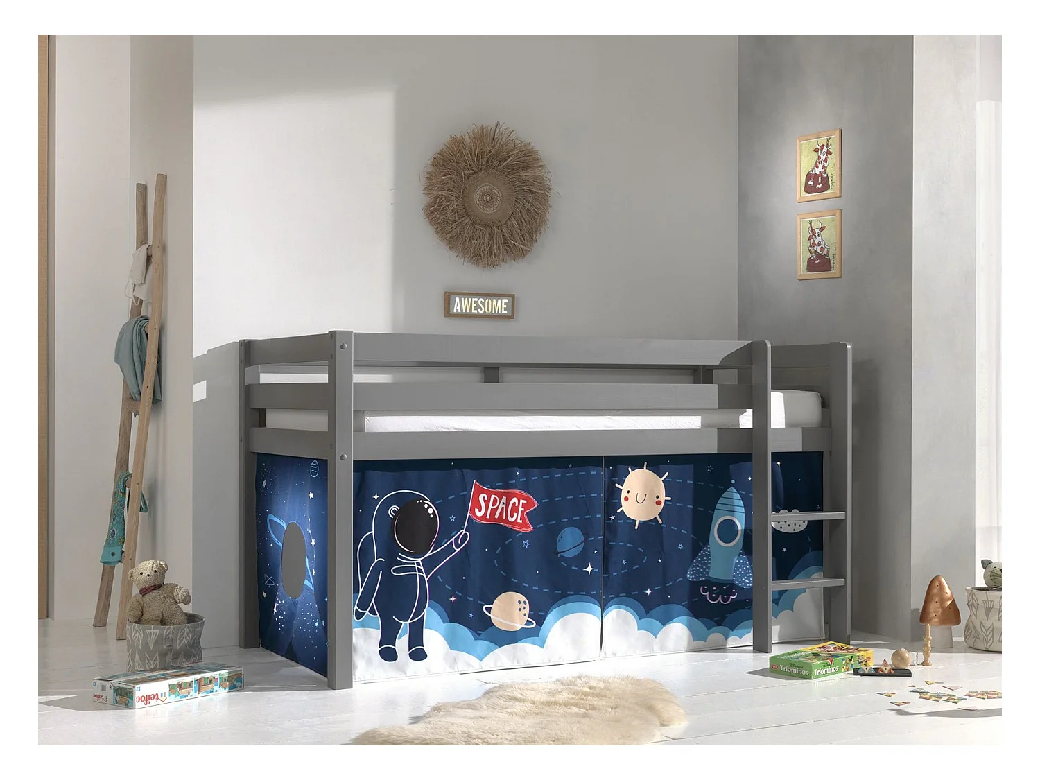 Cama alta 90x200 cm con tienda astronauta pino macizo gris Pino
