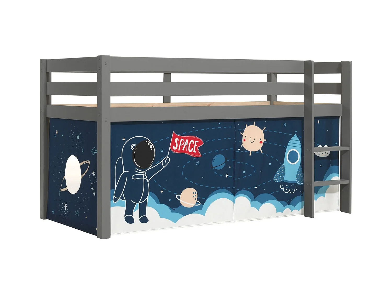 Hoogslaper 90x200 cm met astronautentent massief grenen grijs Pino