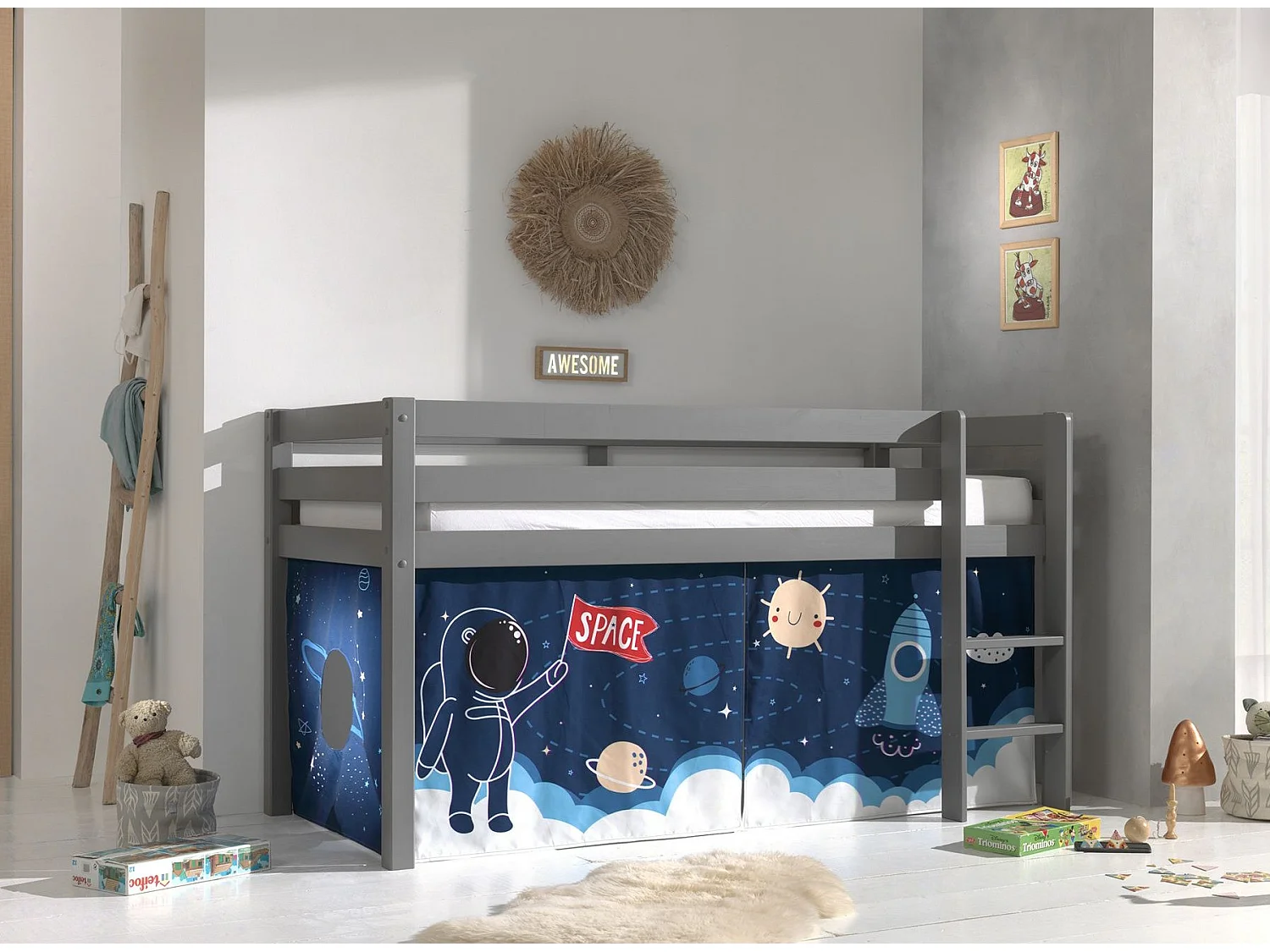 Lit Enfant Surélevé "Pino Space Shuttle" 90x200cm Gris