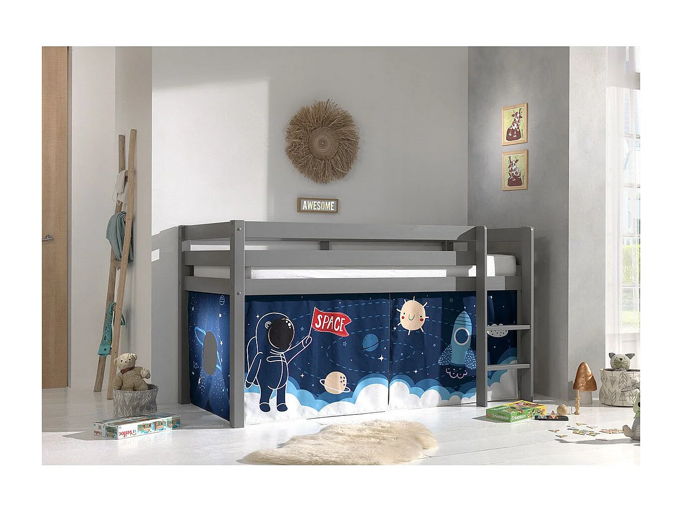 Lit Enfant Surélevé "Pino Space Shuttle" 90x200cm Gris