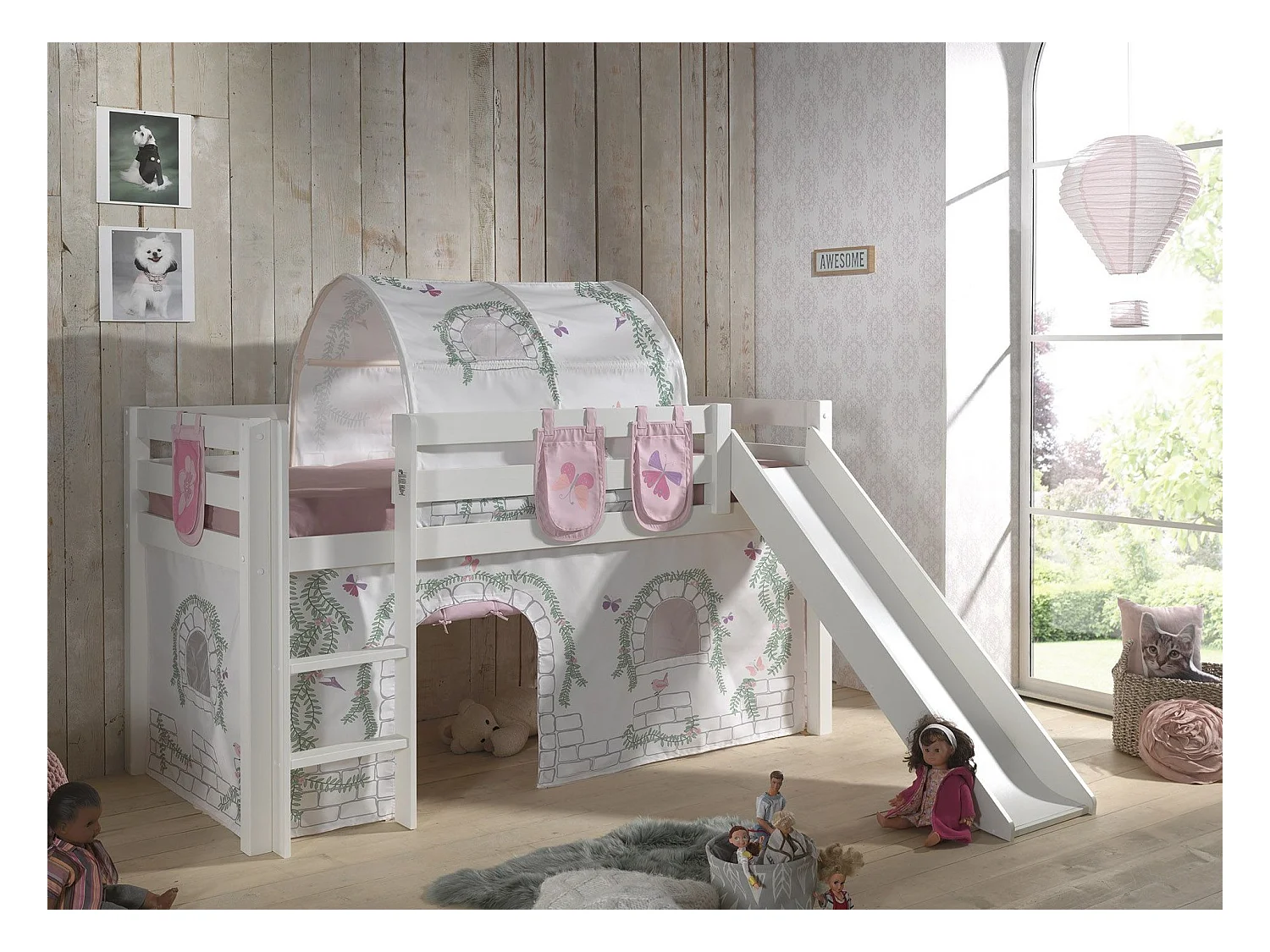 Glijbed 90x200 cm met tunneltent en 3 vakken contra wit massief grenen Pino