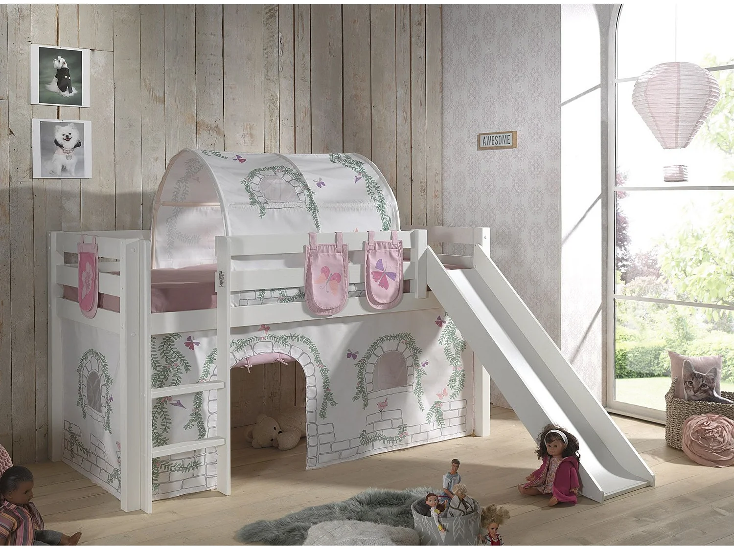 Pack - Lit Enfant Toboggan, Tente, Tunnel & 3 Pochettes "Pino Birdy" Blanc