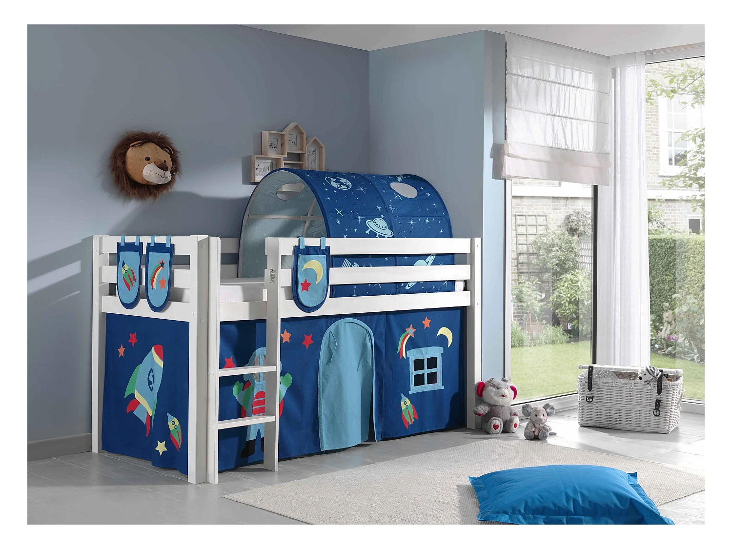 Cama altillo 90x200 cm con tienda túnel y 3 bolsillos de pino astra macizo blanco Pino