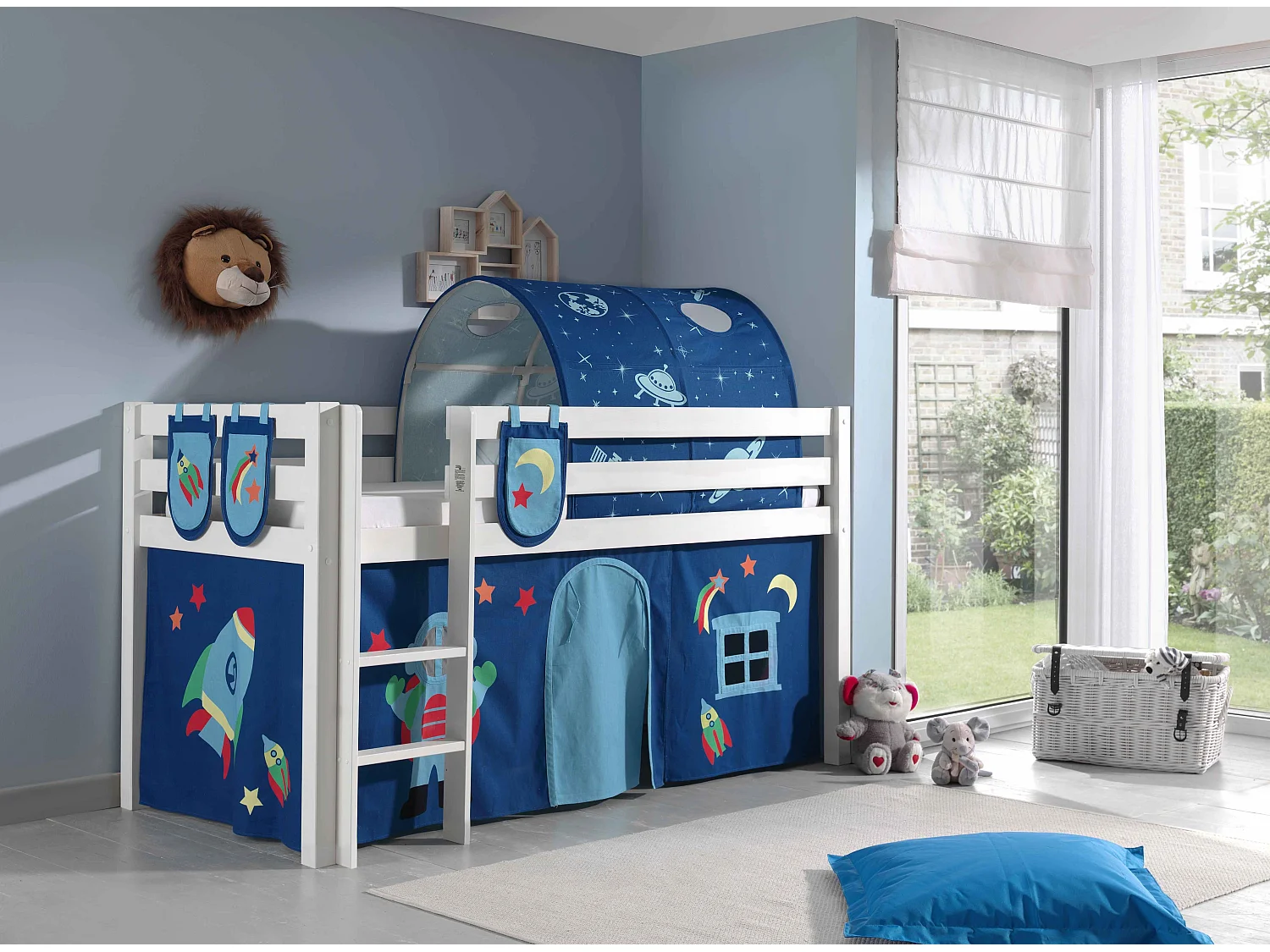 Mezzaninebed 90x200 cm met tunneltent en 3 effen witte astra grenen opbergvakken Pino