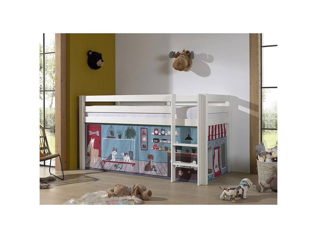 Tussenbed van 90x200 cm met witte, massief grenen dierentent Pino