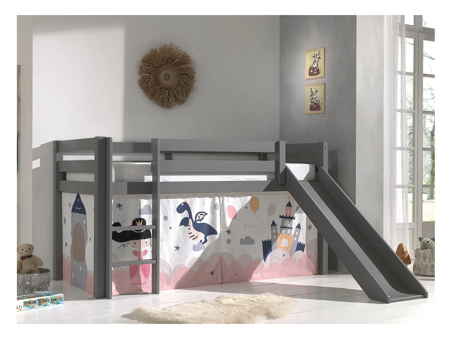 Cama Slide 90x200 cm con tienda castillo de pino macizo gris Pino