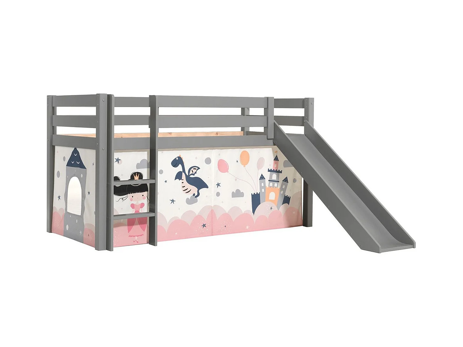 Lit Enfant Surélevé Avec Toboggan "Pino Princesse Sophie" 90x200cm Gris