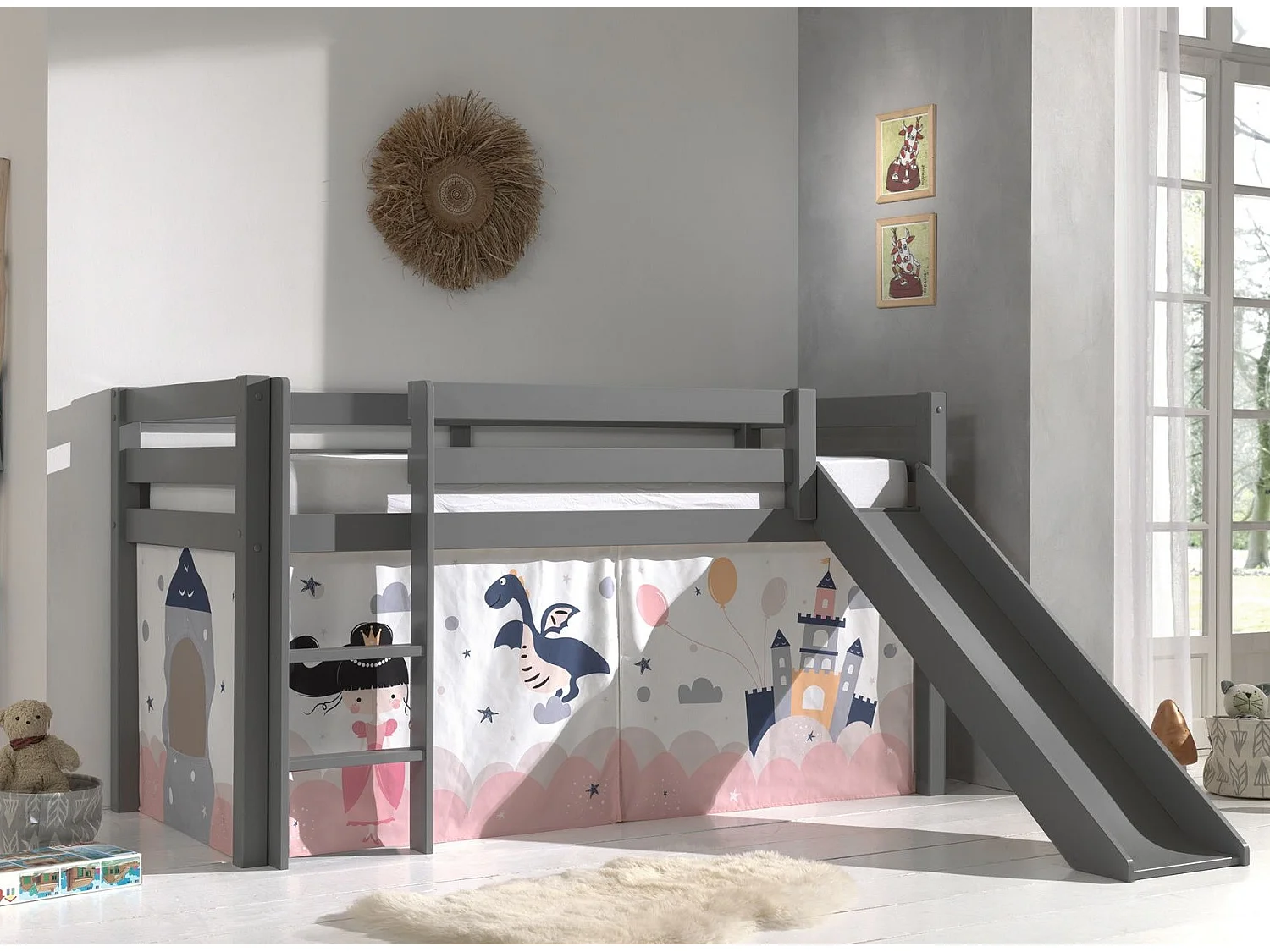 Lit Enfant Surélevé Avec Toboggan "Pino Princesse Sophie" 90x200cm Gris