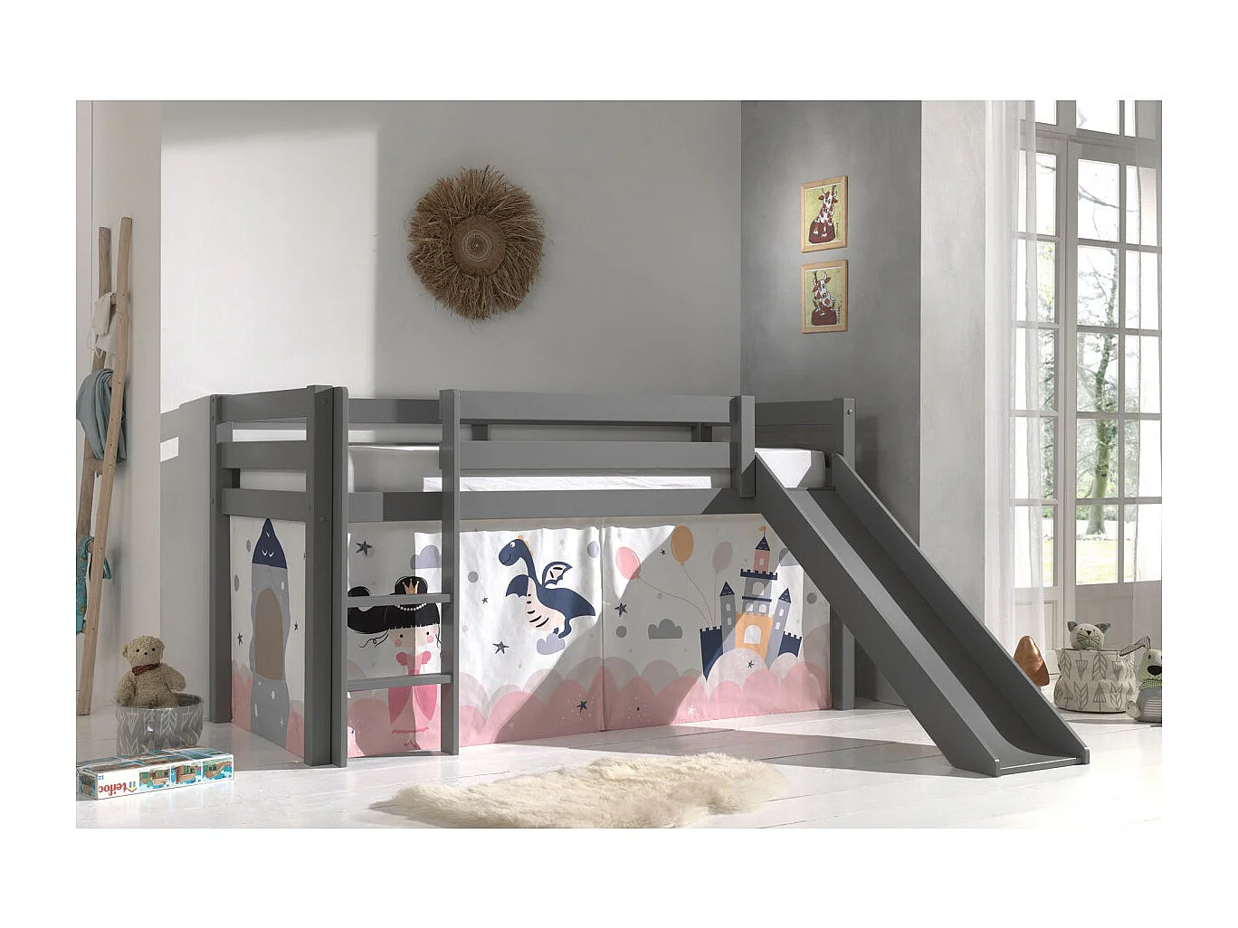 Lit Enfant Surélevé Avec Toboggan "Pino Princesse Sophie" 90x200cm Gris