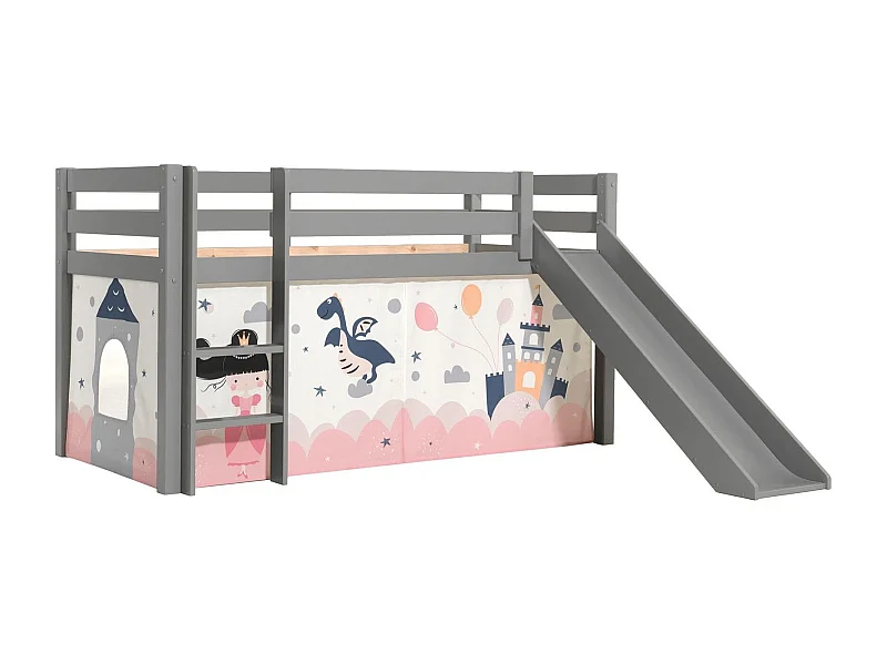 Lit Enfant Surélevé Avec Toboggan "Pino Princesse Sophie" 90x200cm Gris