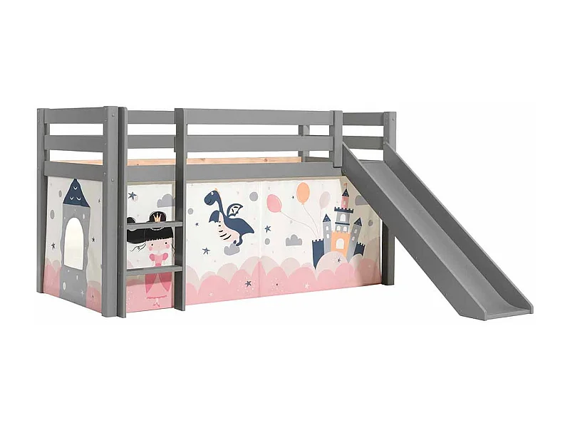 Lit Enfant Surélevé Avec Toboggan "Pino Princesse Sophie" 90x200cm Gris