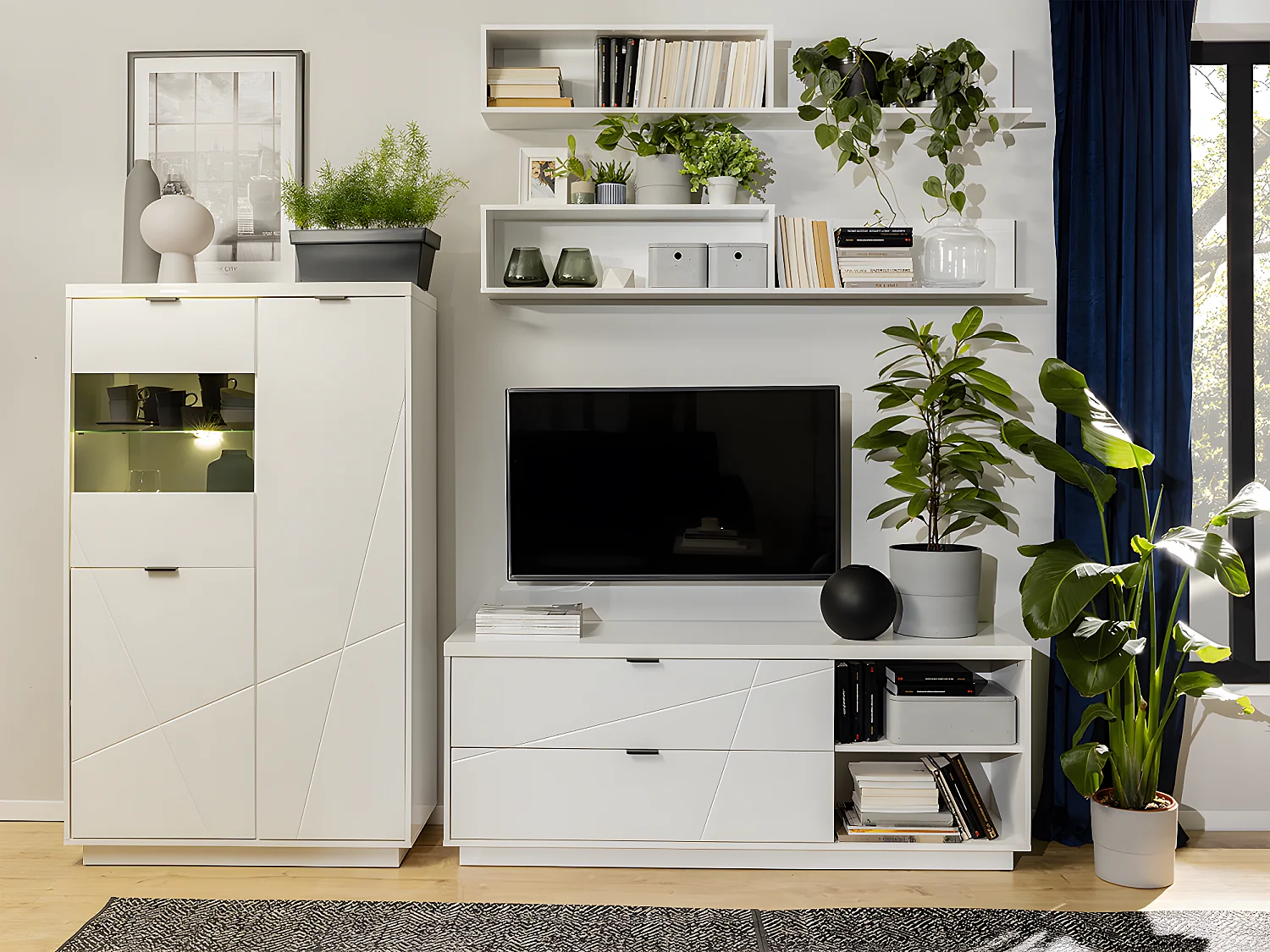 Meuble TV 2 tiroirs 2 niches 156 cm Sven Blanc