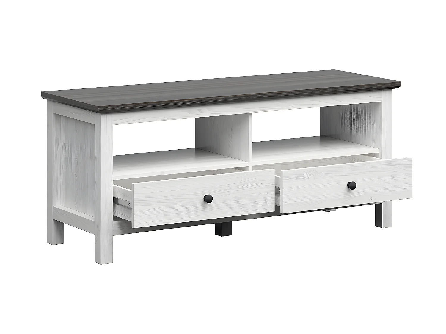 Meuble TV 2 tiroirs 2 niches 137 cm Duck Blanc et Bois foncé