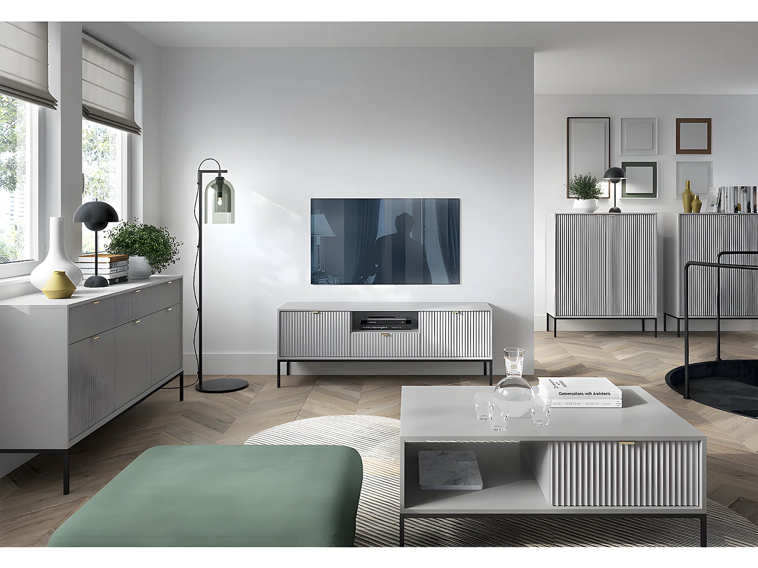 Meuble TV 2 portes 1 tiroir 154 cm Rava Gris