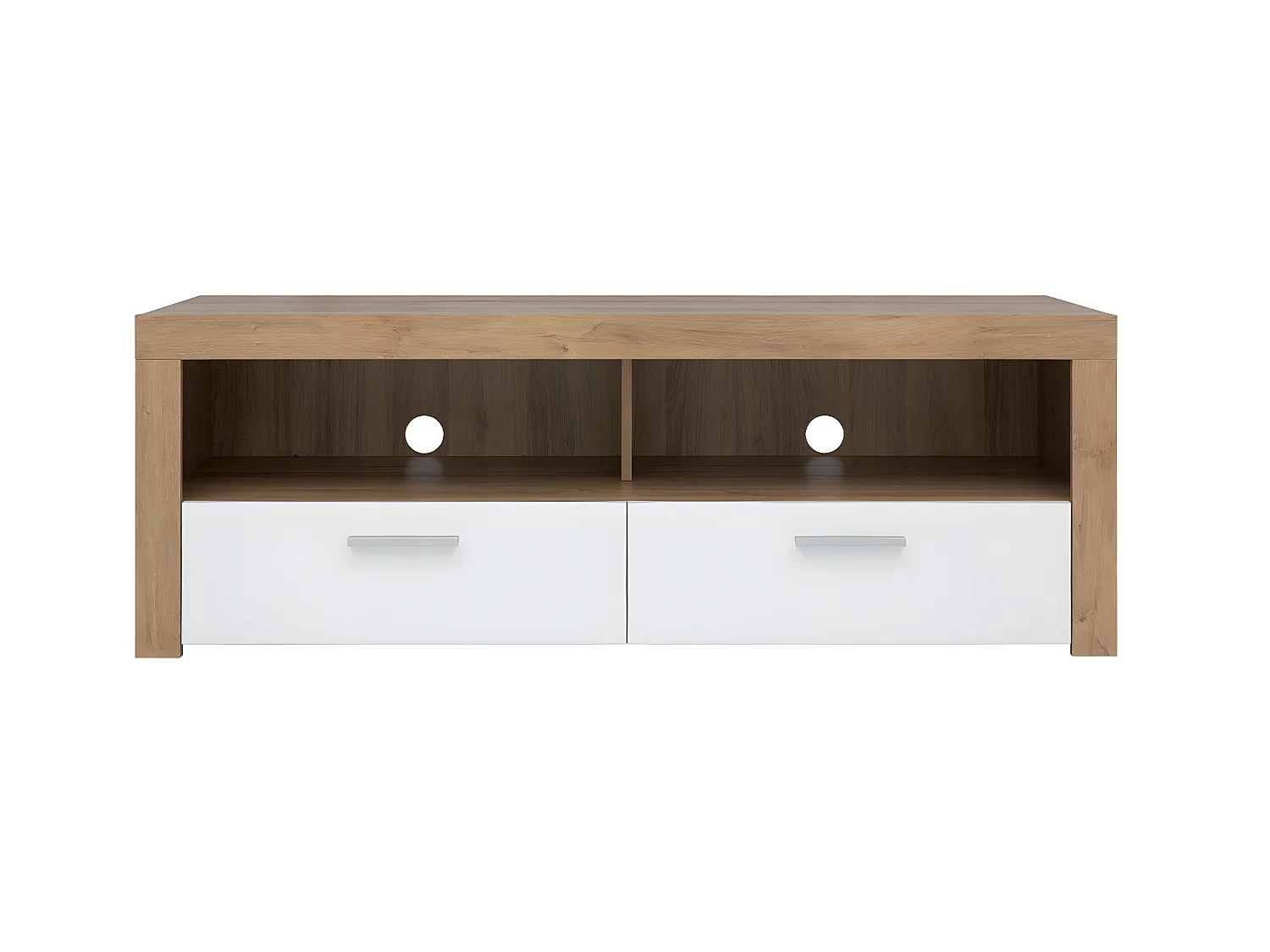 Meuble TV 2 tiroirs 2 niches 135 cm Nora Blanc et Bois