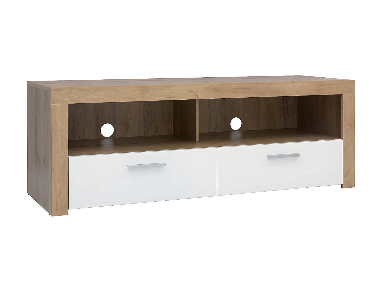 Meuble TV 2 tiroirs 2 niches 135 cm Nora Blanc et Bois