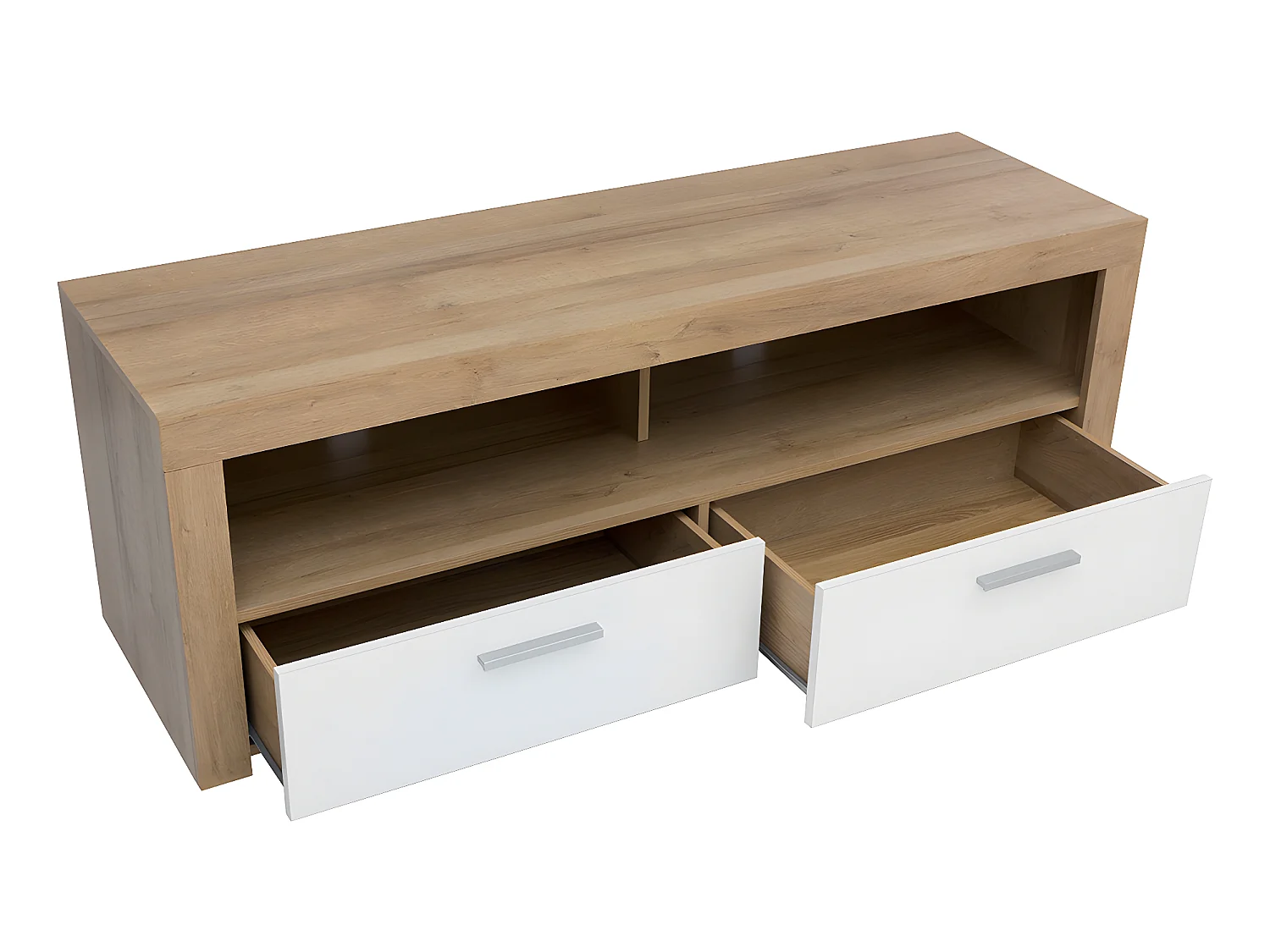 Meuble TV 2 tiroirs 2 niches 135 cm Nora Blanc et Bois