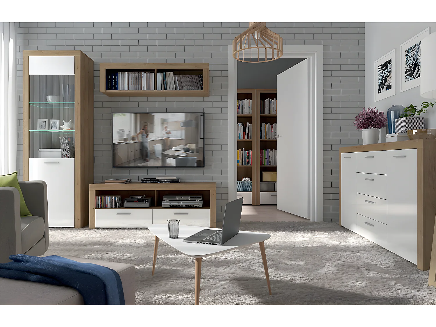 Meuble TV 2 tiroirs 2 niches 135 cm Nora Blanc et Bois