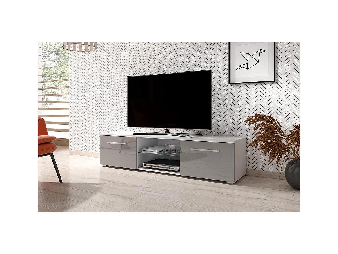 Meuble TV 2 portes 140 cm avec LED Aitana Blanc et Gris