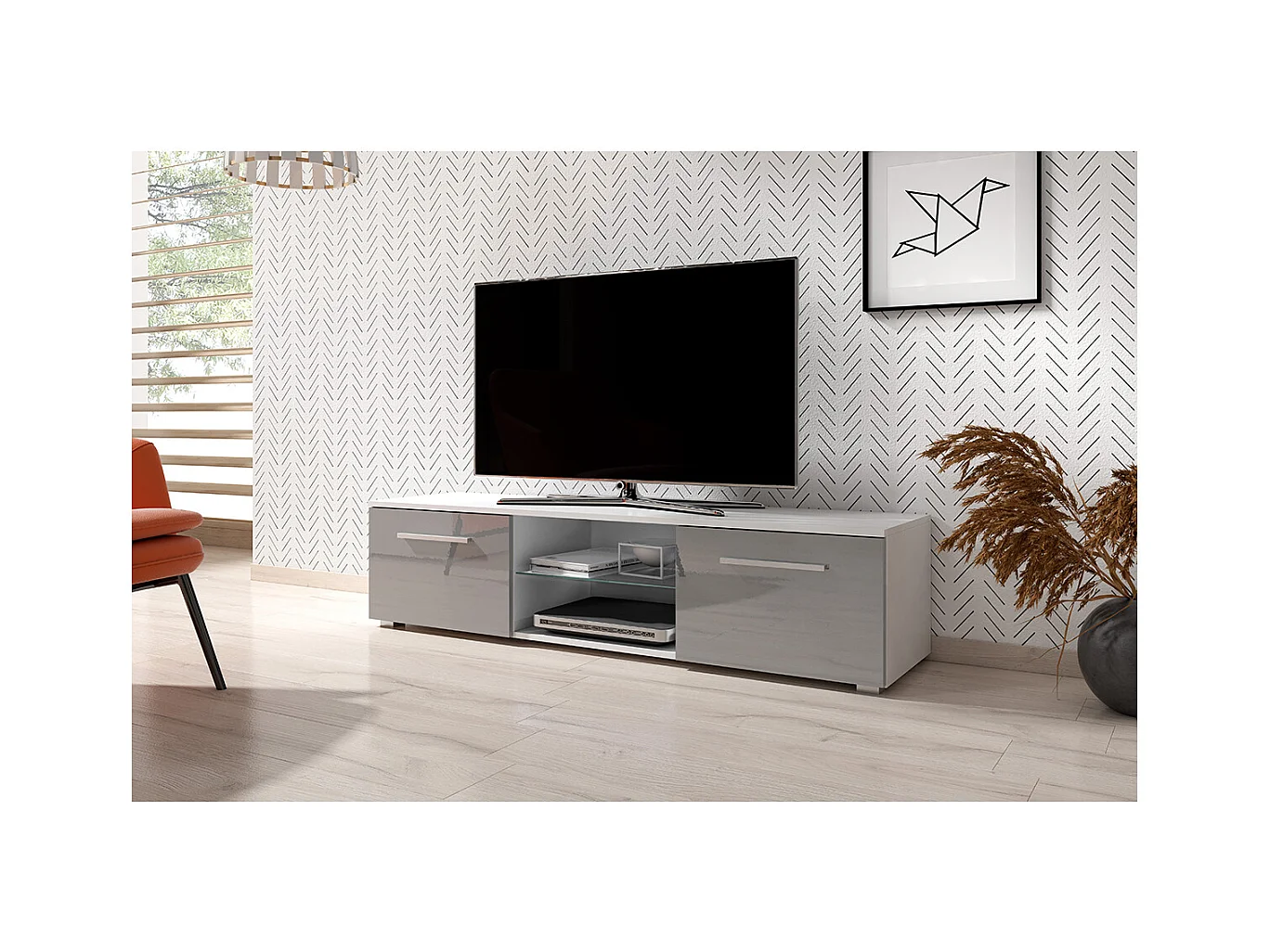 Meuble TV 2 portes 140 cm avec LED Aitana Blanc et Gris