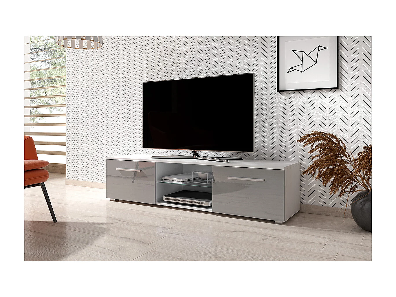 Meuble TV 2 portes 140 cm avec LED Aitana Blanc et Gris