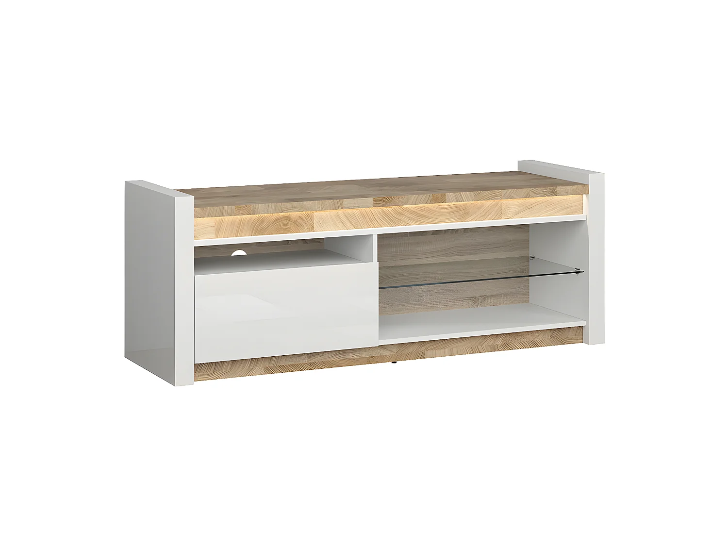 Meuble TV 1 tiroir 147 cm avec LED Helios Blanc laqué et Bois