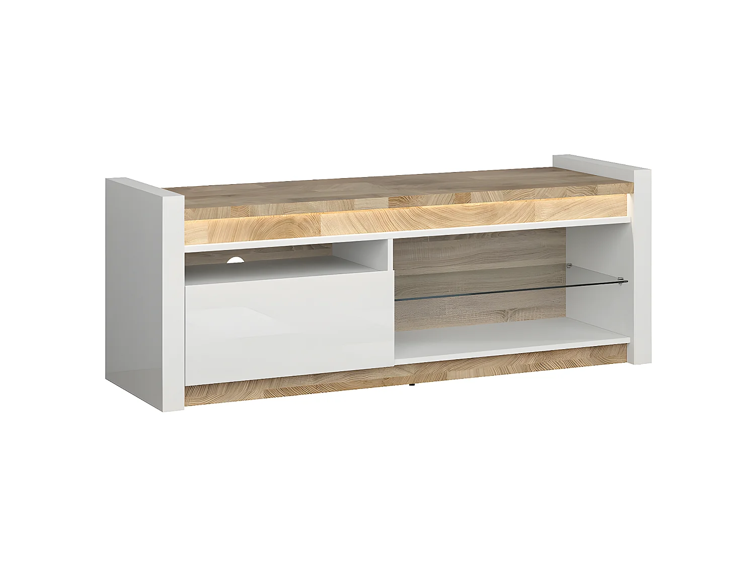 Meuble TV 1 tiroir 147 cm avec LED Helios Blanc laqué et Bois