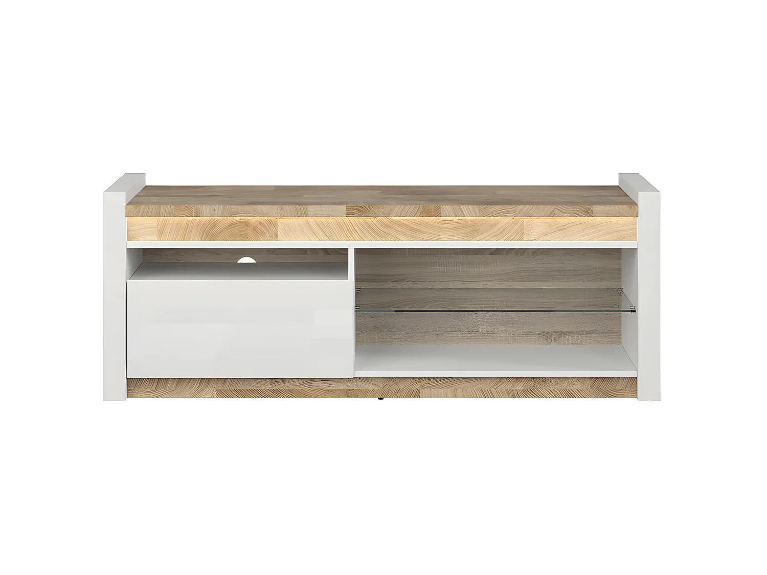 Meuble TV 1 tiroir 147 cm avec LED Helios Blanc laqué et Bois