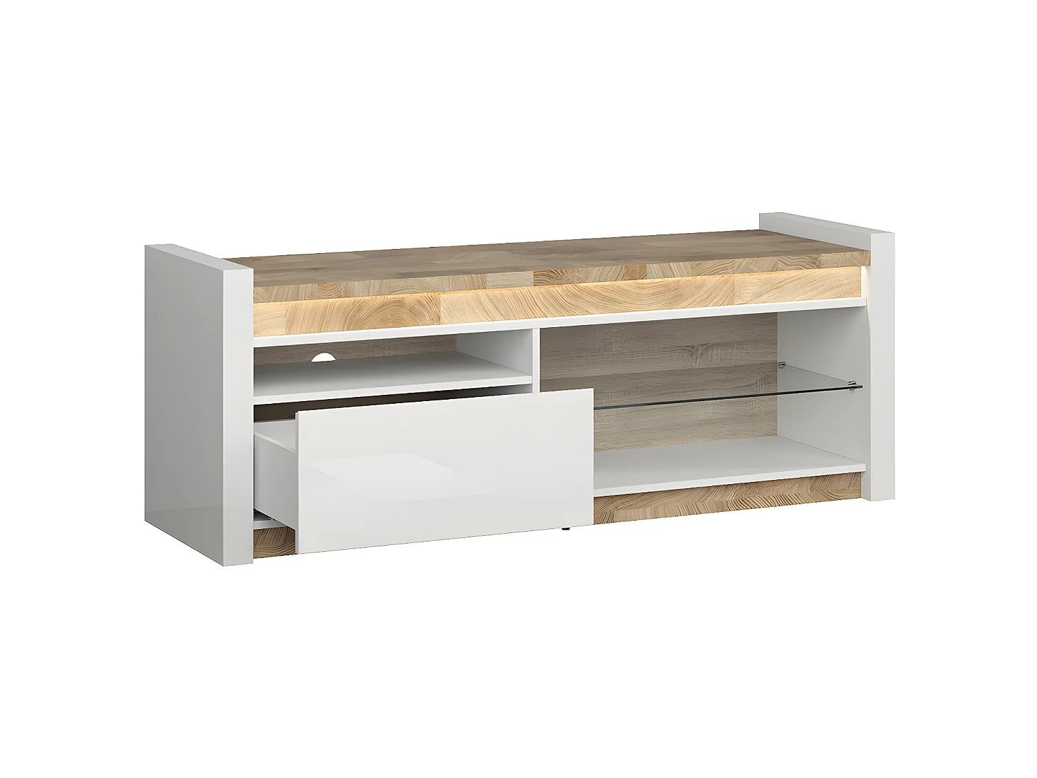 Meuble TV 1 tiroir 147 cm avec LED Helios Blanc laqué et Bois