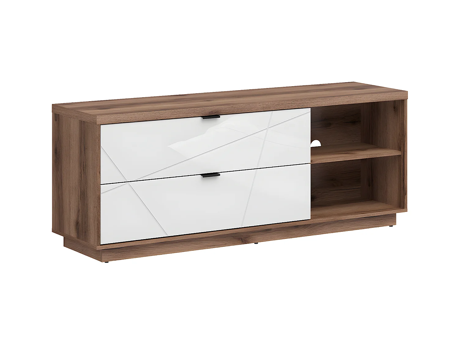 Meuble TV 2 tiroirs 2 niches 156 cm Sven Blanc et Bois