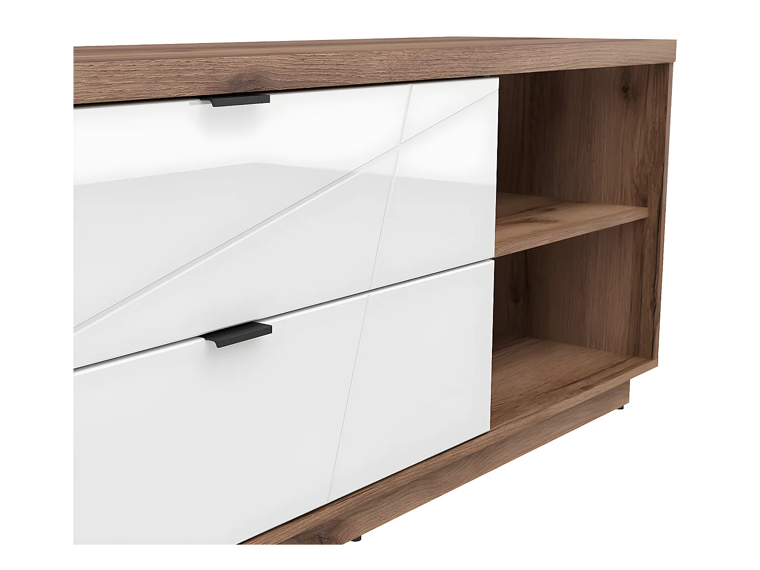 Meuble TV 2 tiroirs 2 niches 156 cm Sven Blanc et Bois