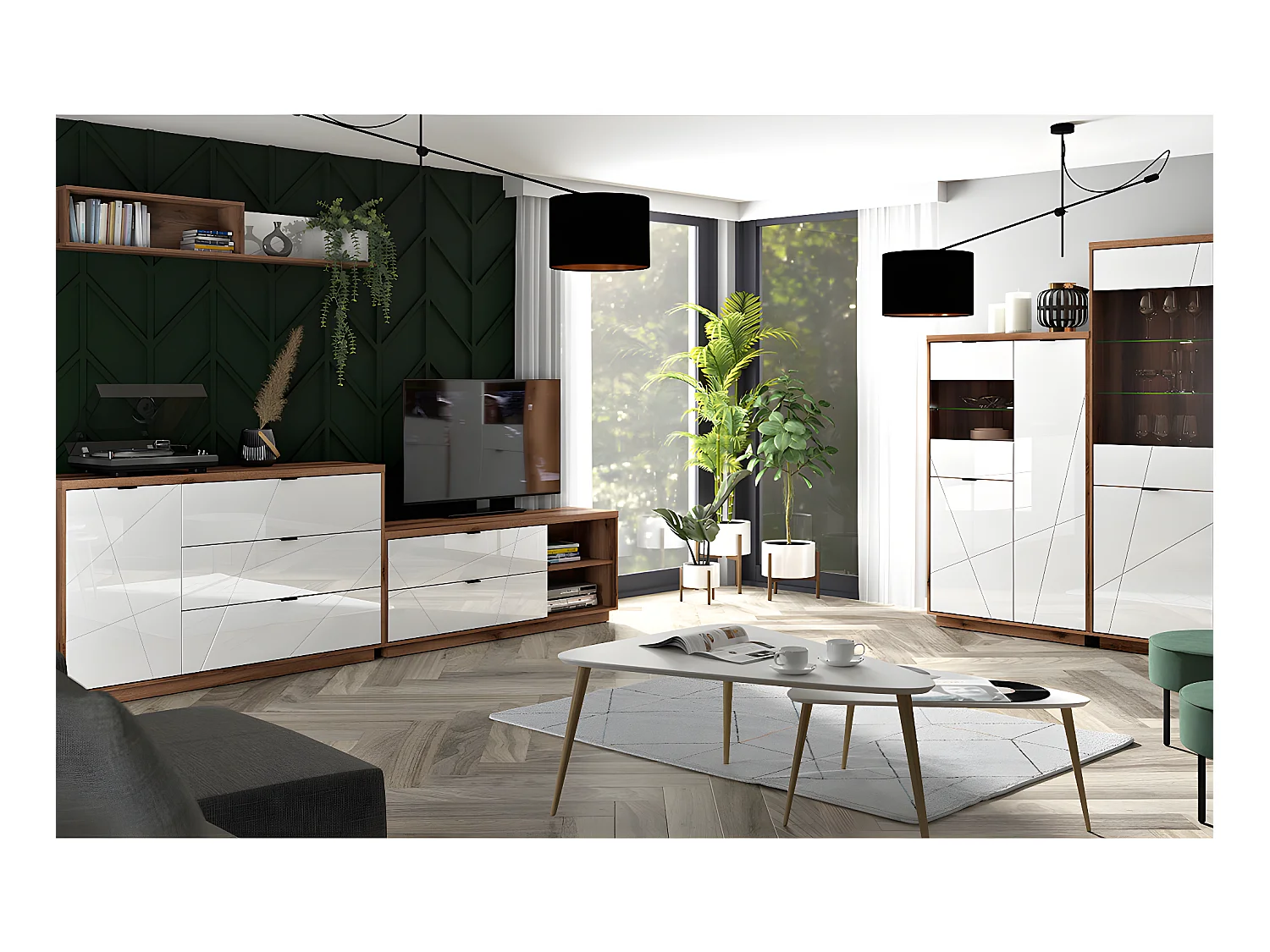 Meuble TV 2 tiroirs 2 niches 156 cm Sven Blanc et Bois