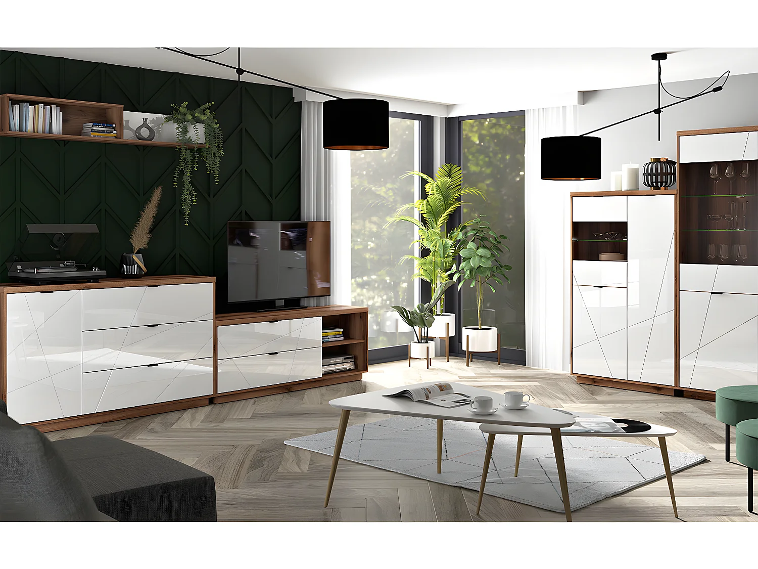 Meuble TV 2 tiroirs 2 niches 156 cm Sven Blanc et Bois