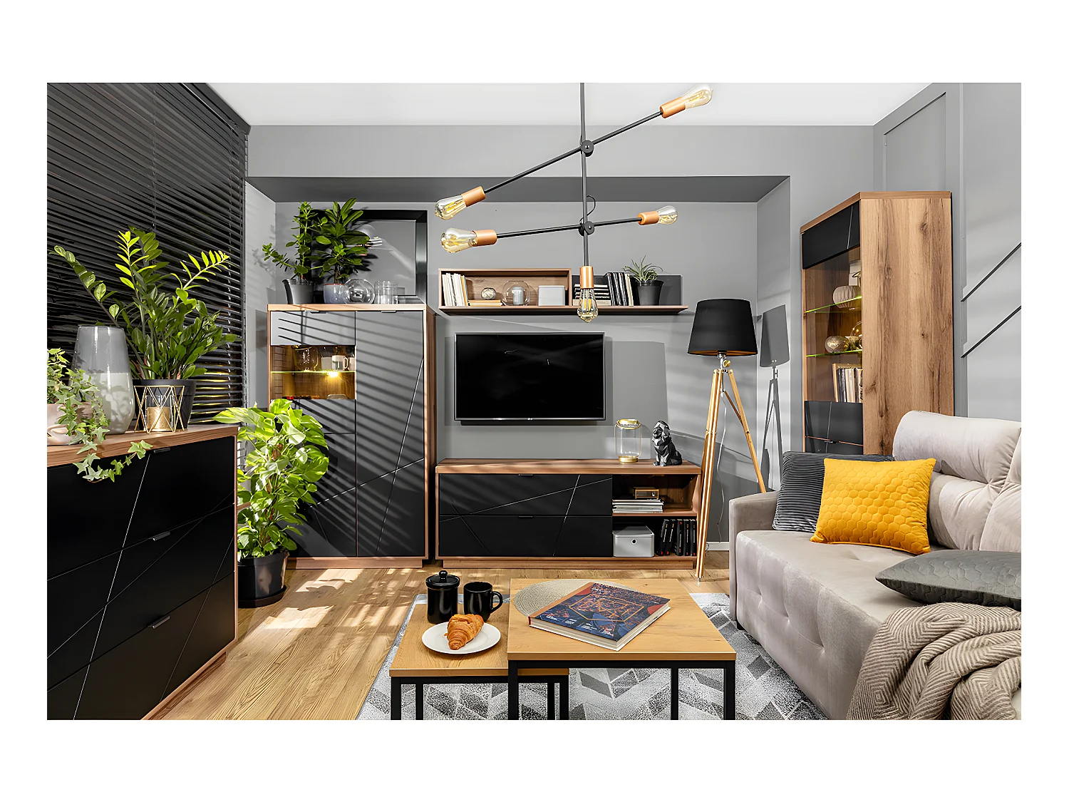 Meuble TV 2 tiroirs 2 niches 156 cm Sven Noir et Bois