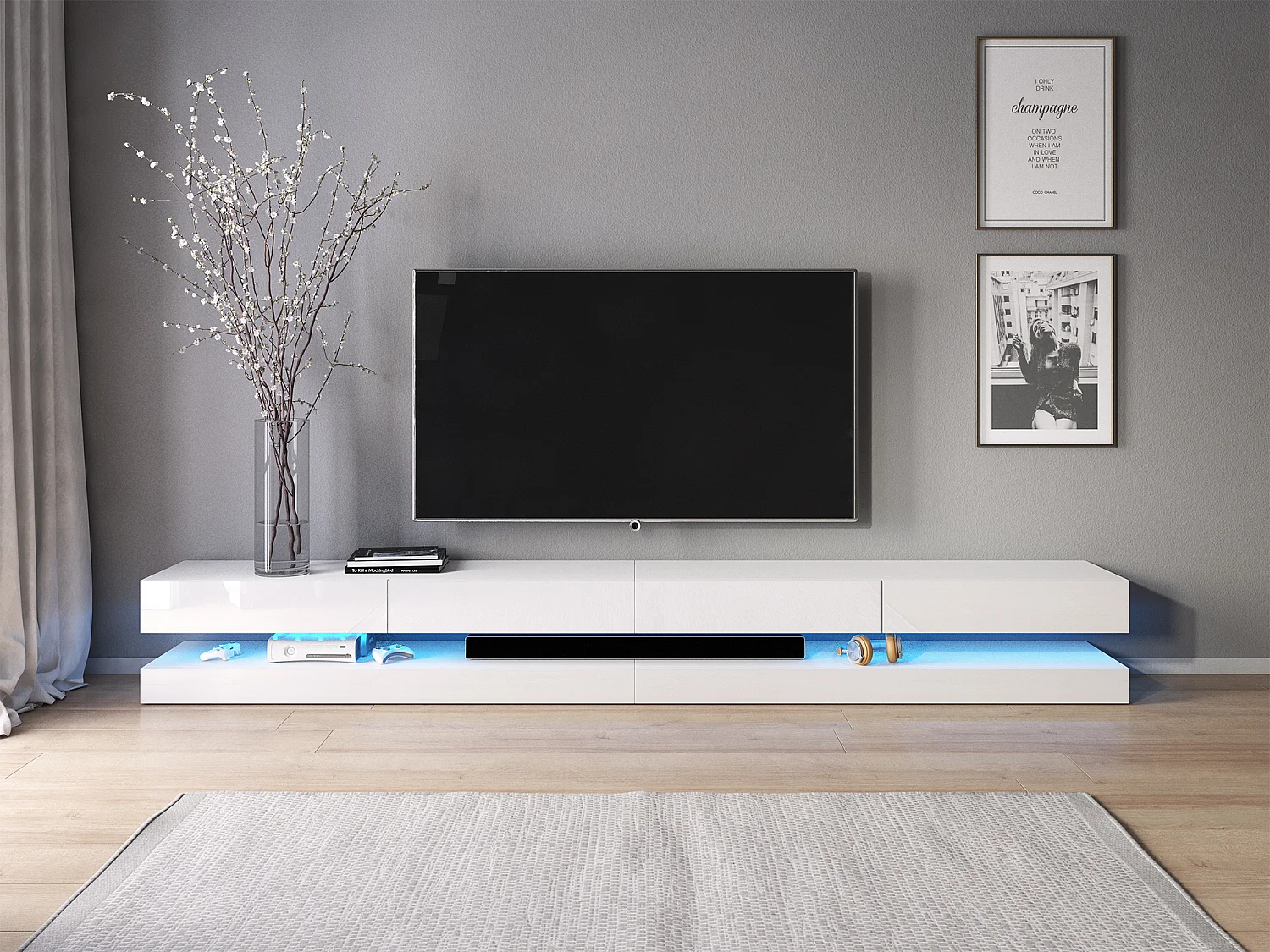 RTV Fly DOUBLE 280 avec quatre tiroirs blancs et devant blanc brillant +LED