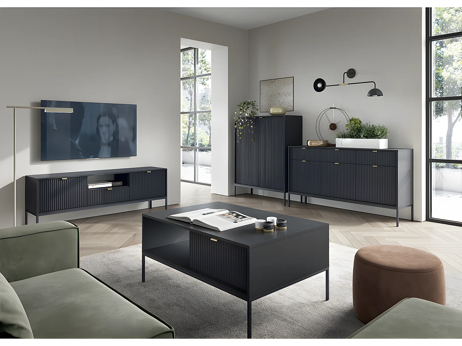 Meuble TV 2 portes 1 tiroir 154 cm Rava Noir