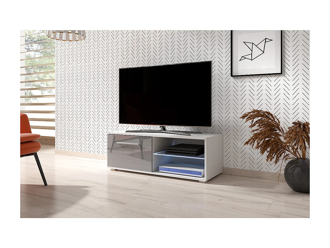 Meuble TV 1 porte 100 cm avec LED Aitana Blanc et Gris