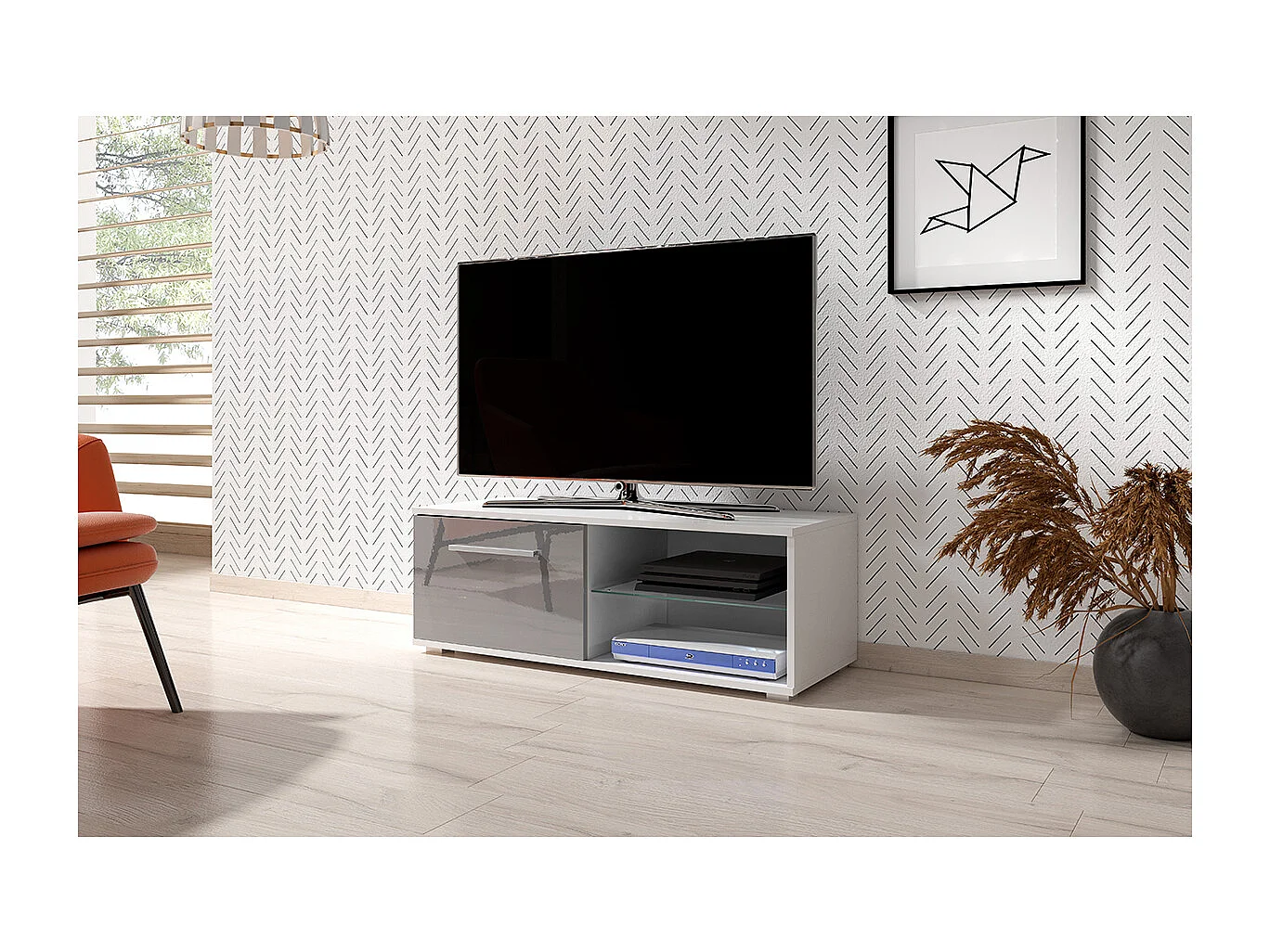 Meuble TV 1 porte 100 cm avec LED Aitana Blanc et Gris
