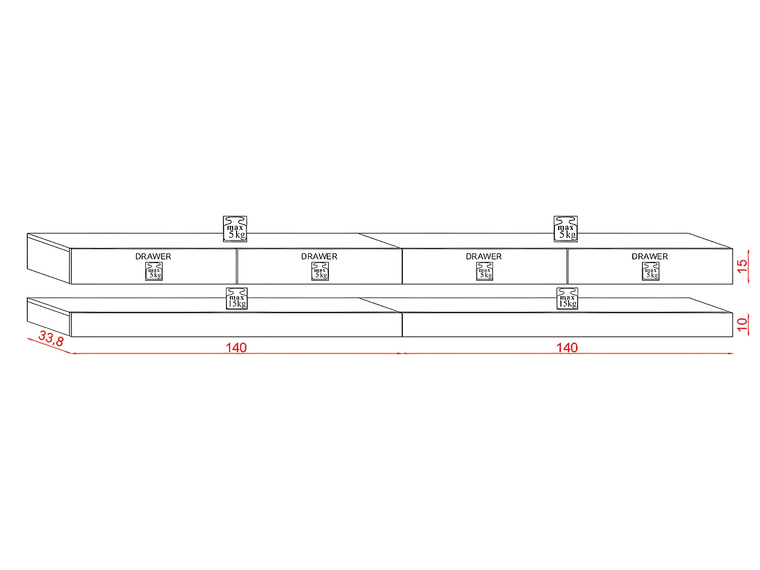Meuble TV mural 4 tiroirs 280 cm Charlie Noir