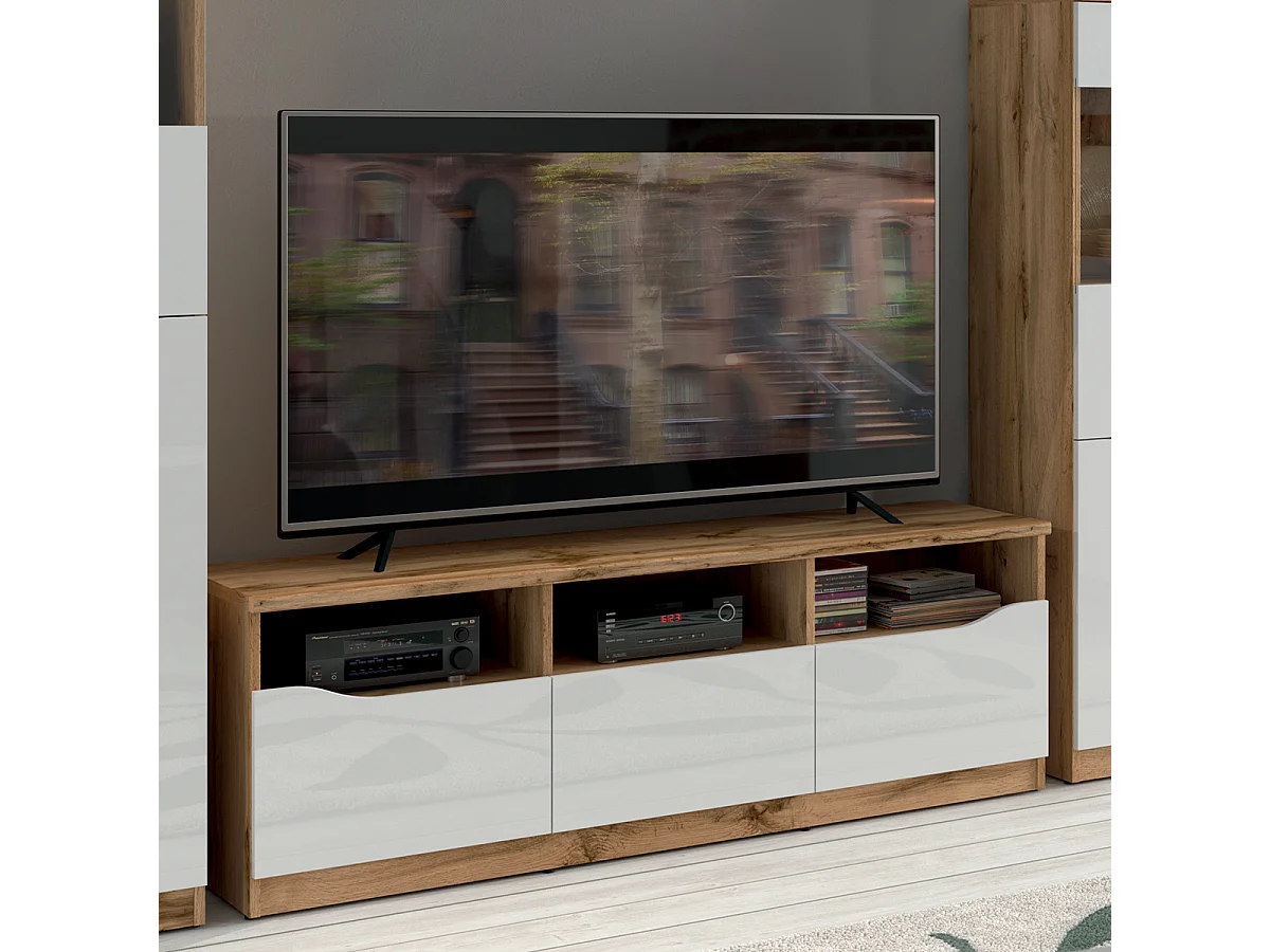 Móvel TV 3 gavetas June branco e madeira 135cm