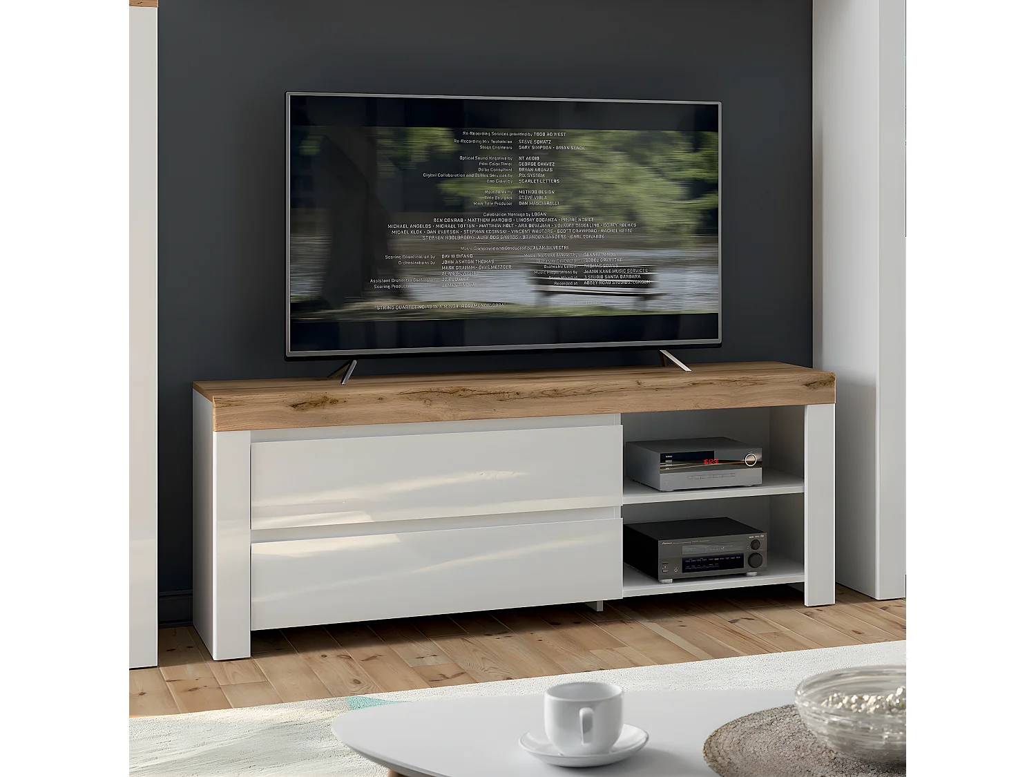 Móvel TV 2 gavetas Hella branco e madeira 156cm