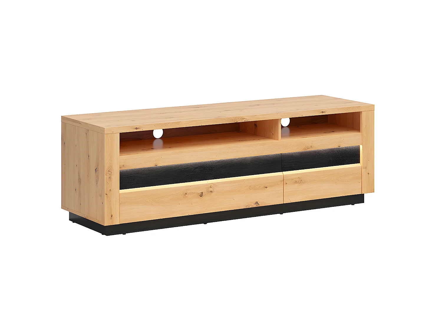 Meuble TV 2 tiroirs 2 niches 161 cm avec LED Glenn Bois et Noir
