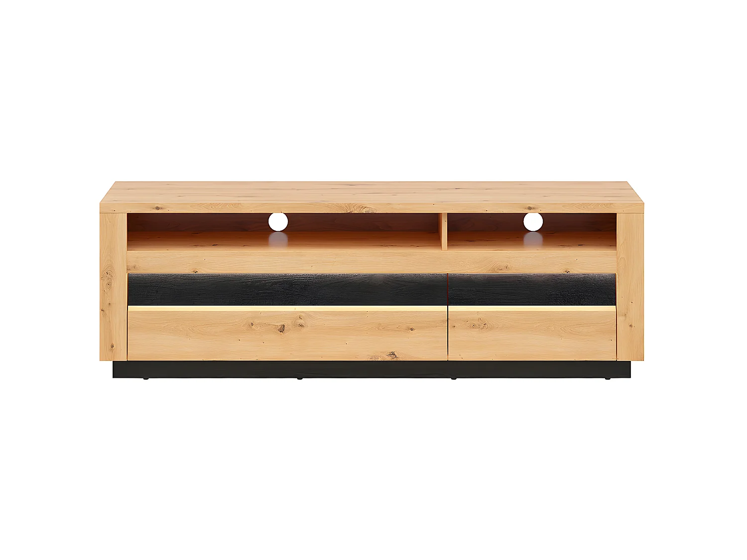 Meuble TV 2 tiroirs 2 niches 161 cm avec LED Glenn Bois et Noir