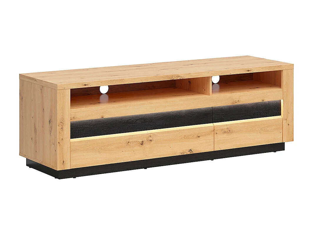 Meuble TV 2 tiroirs 2 niches 161 cm avec LED Glenn Bois et Noir