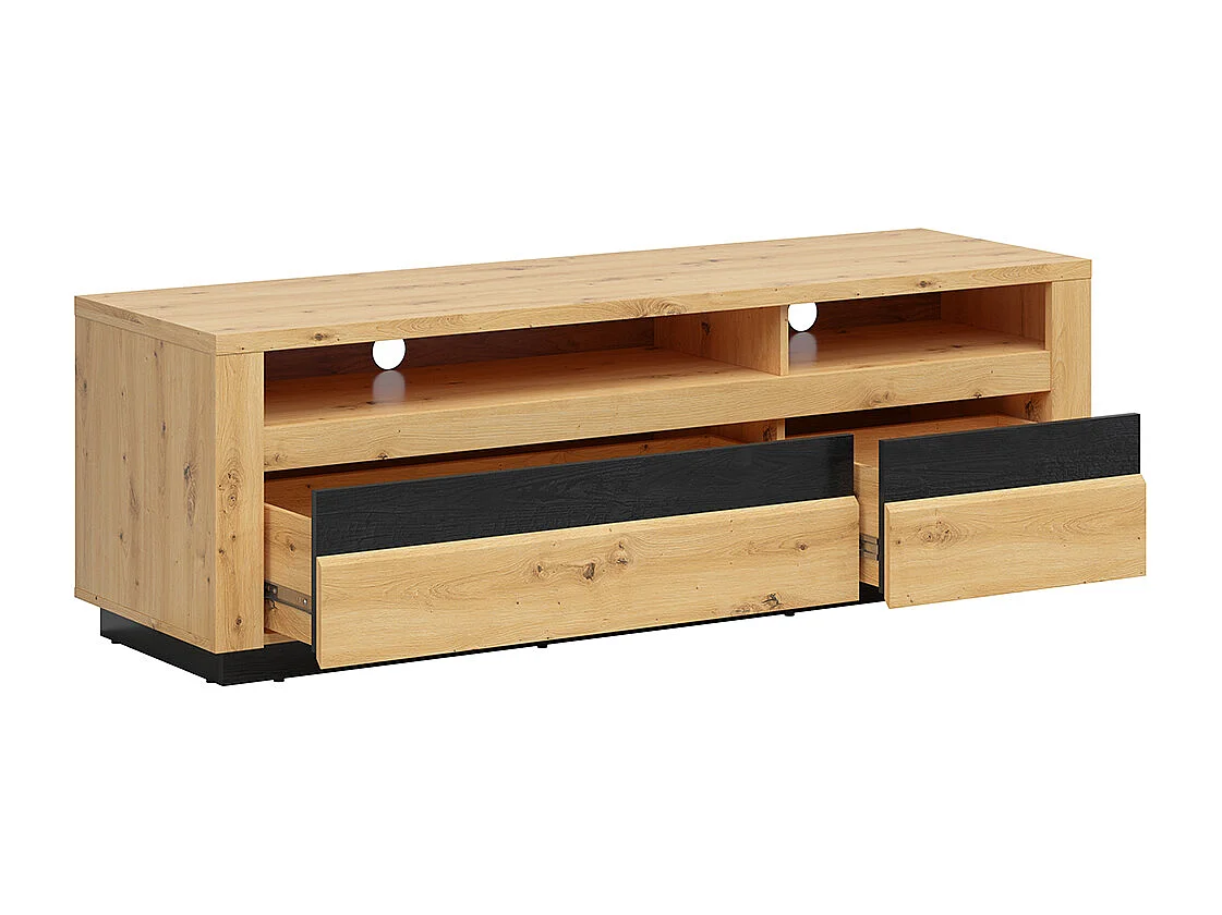 Meuble TV 2 tiroirs 2 niches 161 cm avec LED Glenn Bois et Noir