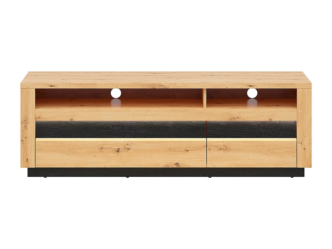 Meuble TV 2 tiroirs 2 niches 161 cm avec LED Glenn Bois et Noir