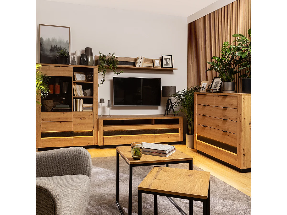 Meuble TV 2 tiroirs 2 niches 161 cm avec LED Glenn Bois et Noir