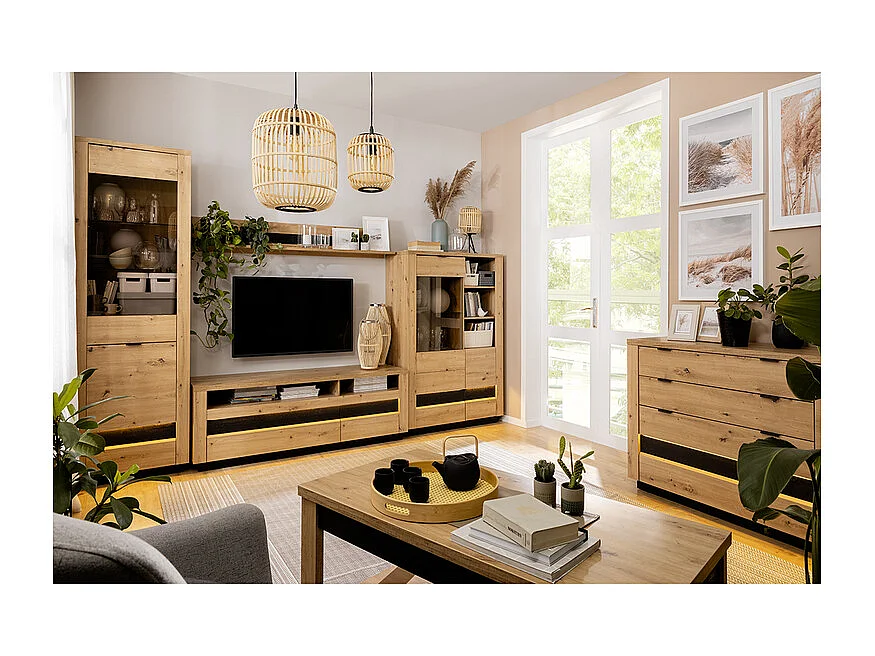 Meuble TV 2 tiroirs 2 niches 161 cm avec LED Glenn Bois et Noir