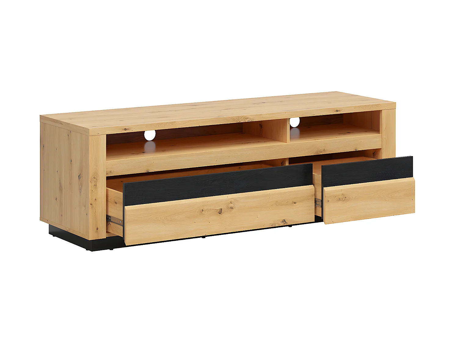 Meuble TV 2 tiroirs 2 niches 161 cm avec LED Glenn Bois et Noir