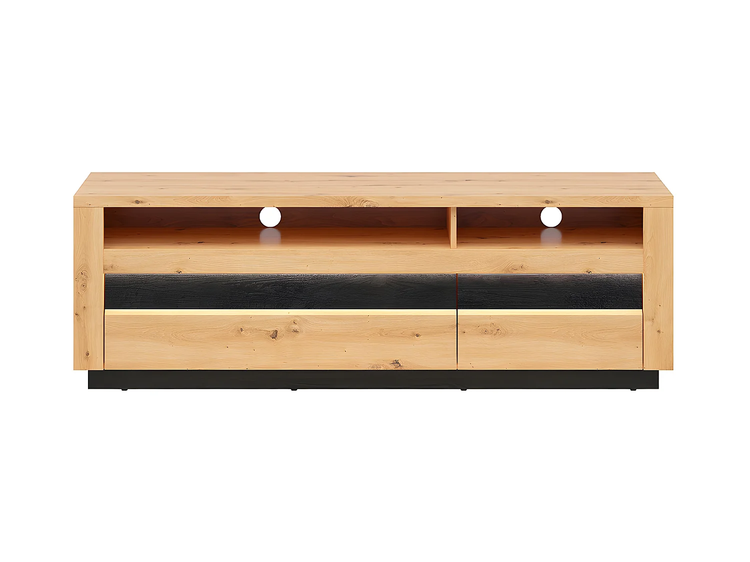 Meuble TV 2 tiroirs 2 niches 161 cm avec LED Glenn Bois et Noir